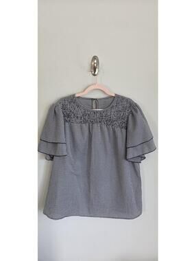 Black and White Gingham Smocked Flutter Sleeve Blouse 2XL